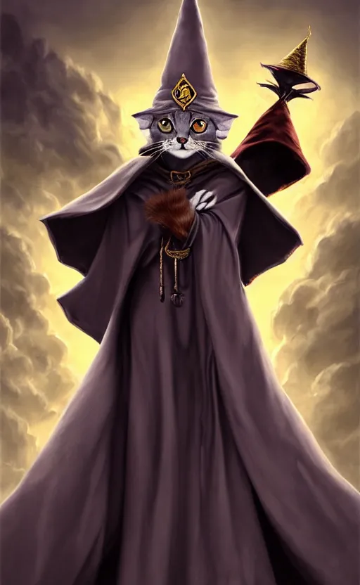 Image similar to matte oil painting of a bipdel cat wearing long wizard robes, anthropomorphic cat wearing a big wizard hat, dnd, character reveal, magic, posing, full body portrait, high resolution, detailed, inspiring, award - winning, clear, crisp, sharp