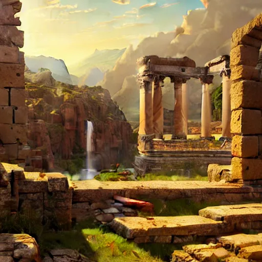 Image similar to highly detailed painting of an idyllic ancient roman city landscape, dramatic, sense of scale, stephen bliss, unreal engine, greg rutkowski, ilya kuvshinov, ross draws, hyung tae and frank frazetta, tom bagshaw, tom whalen, nicoletta ceccoli, mark ryden, earl norem, global illumination, god rays, beautiful