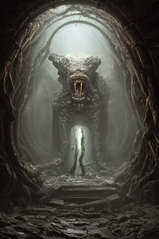 Image similar to realistic photo of a lovecraft creature in a hell gate portal, filaments, translucent, photorealistic, hyperrealism, high resolution, ultra - detailed, by marc simonetti, natural volumetric lighting, realistic 4 k octane beautifully detailed render, 4 k post - processing