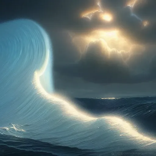 Image similar to beautiful digital fantasy illustration of a a giant wave in the sky, a detailed matte painting by Dan Luvisi, highly detailed, soft lighting, rendered in octane, masterpiece, very very very aesthetic