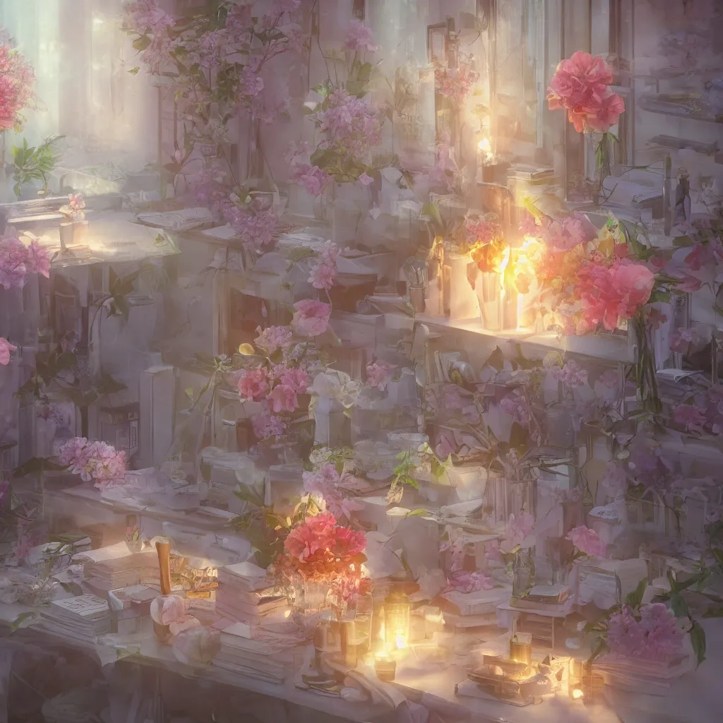 Prompt: cold drinks, ice cream, peach embellishment, books and flowers, in the style of makoto shinkai, dreamy, soft, global illumination, radiant light, intricate environment, luminescence, highly detailed, 8 k