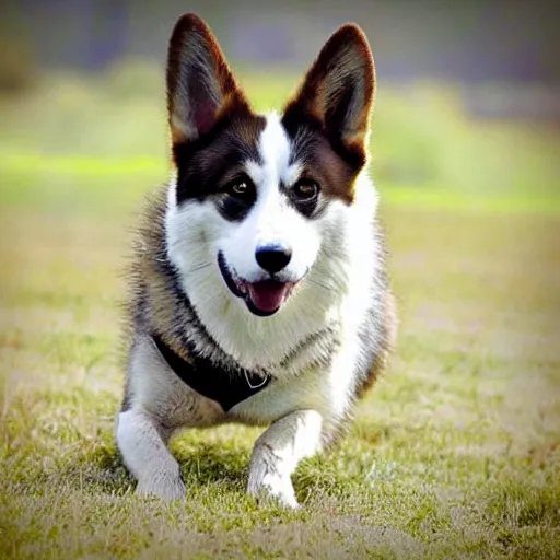 Image similar to A direwolf and corgi mixed dog, photography