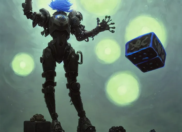 Image similar to wide view picture of a mech armor witch, standing on floating greed cubes with monster companions, model pose, blue hair, lighting eyes, huge magic circles on the hand, magic and fantasy, extremely beautiful and aesthetic and detailed cute face, specular reflection, occlusion shadow, intricate, masterpiece, by ilya kuvshinov and jeremy lipking and quentin mabille