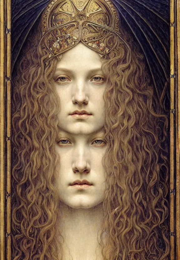 Image similar to detailed realistic beautiful young medieval queen face portrait by jean delville, gustave dore and marco mazzoni, art nouveau, symbolist, visionary, gothic, pre - raphaelite. horizontal symmetry