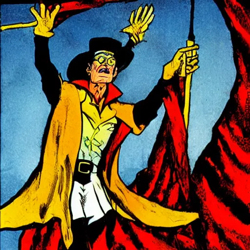 Image similar to the tarot card of the magician painted by will eisner.