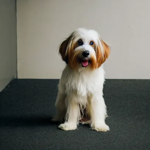 Image similar to a cream - colored havanese dog in a long dress posing for a picture, a poster by mark english, unsplash contest winner, private press, dynamic pose, full body, high resolution