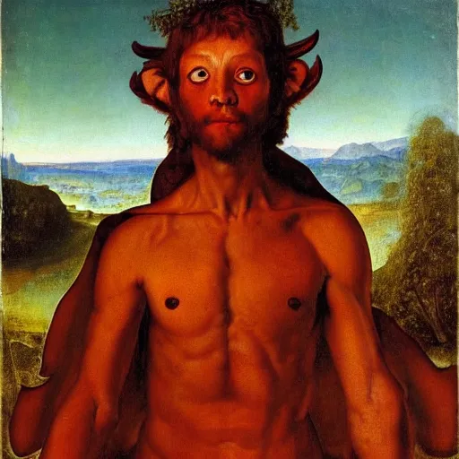 Prompt: a demonic eagle-eyed faun Jan Van eyck john steuart curry