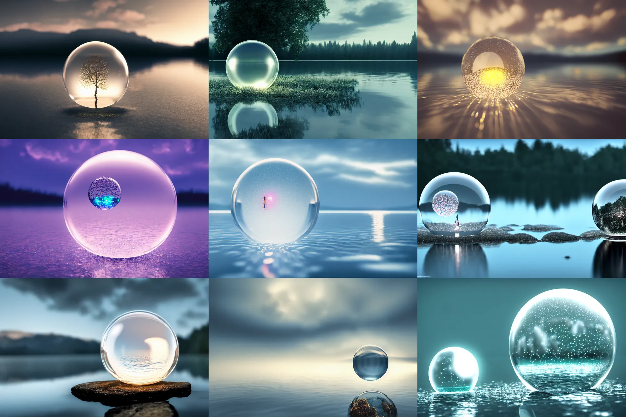 Prompt: glowing transparent crystal ball on a beautiful serene lake, beautiful lifelike fairy inside the ball, intricate details, ripples, moody sky, 8 k, octane render, low light