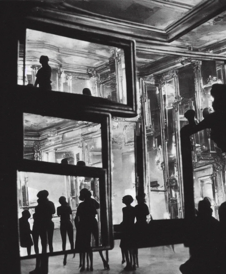 Image similar to vintage photo of an old theater, silhoutte observers watching themselves through a giant mirror reflection on stage, 4k, highly detailed, black and white photography, frontal perspective