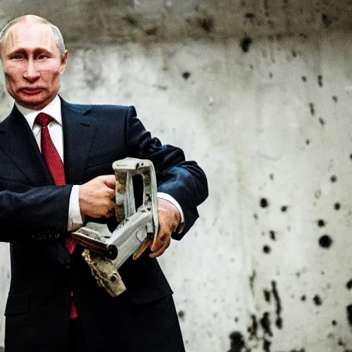 Image similar to putin with a chainsaw. in a concrete bunker with a pile of corpses. focus on putins face with blood splatters. canon eos r 3, f / 1. 4, iso 1 6 0 0, 1 / 8 0 s, 8 k, raw, grainy