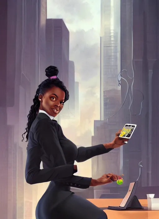 Prompt: detailed digital painting of beautiful black woman in corporate attire juggling cell phones manila folders coffee mugs, fanart behance trending on artstation, concept art, matte, sharp focus, illustration, corporate office atmosphere, hearthstone, art by artgerm and greg rutkowski and alphonse mucha