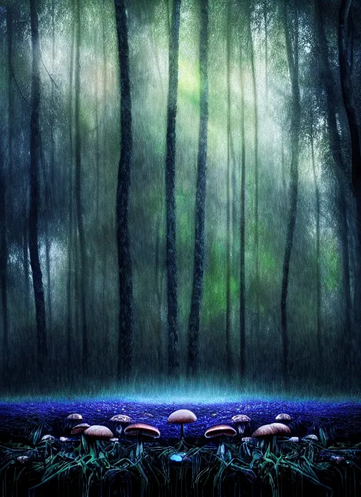 Prompt: nature photograph of a dark forest with iridescent mushrooms in the distance in the style of stefan kostic, realistic, half body shot, sharp focus, 8 k high definition, insanely detailed, intricate, elegant, art by stanley lau and artgerm, luis royo, cloudy background
