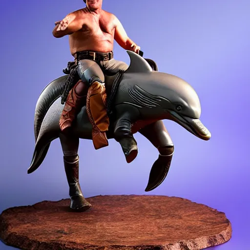 Image similar to john wayne riding a dolphin. action figure by hot toys. studio lighting.