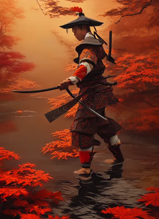 Prompt: koi themed samurai in autumn color kimono, subsurface scattering, by jesper ejsing, justin gerard, tomasz alen kopera, cgsociety and fenghua zhong, highly detailed, rim light, cinematic lighting, illustration, art, octane render, very coherent, cinematic, hyper realism, high detail, octane render, 8 k