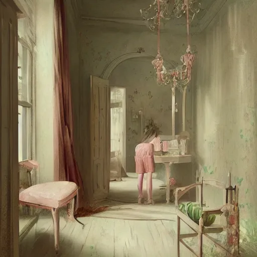 Prompt: beautiful digital matte painting of a whimsical botanical shabby chic dressing room by greg rutkowski and edward hopper, artstation, behance hd - 7 6 8