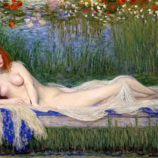 Prompt: breathtaking masterpiece of art, elizabeth eleanor siddall as ophelia laying down in water floating down the river amongst the reeds fully covered in robes fully clothed in flowing medieval robes by rosetti and monet, 8 k