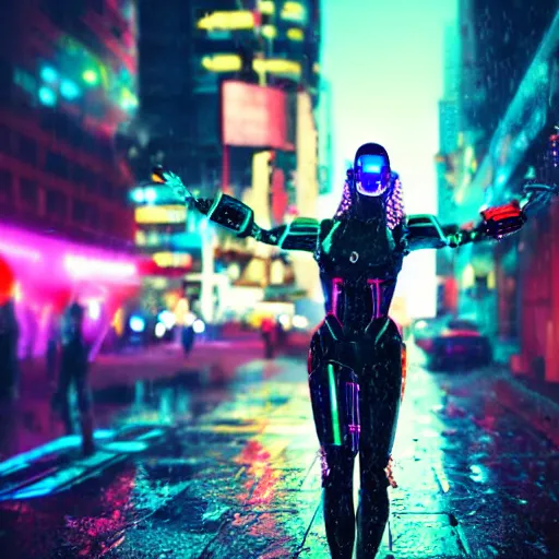 Prompt: cyberpunk robot women in neon city standing in the rain,