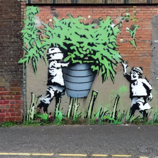 Image similar to a banksy mural of bill and ben the flowerpot men