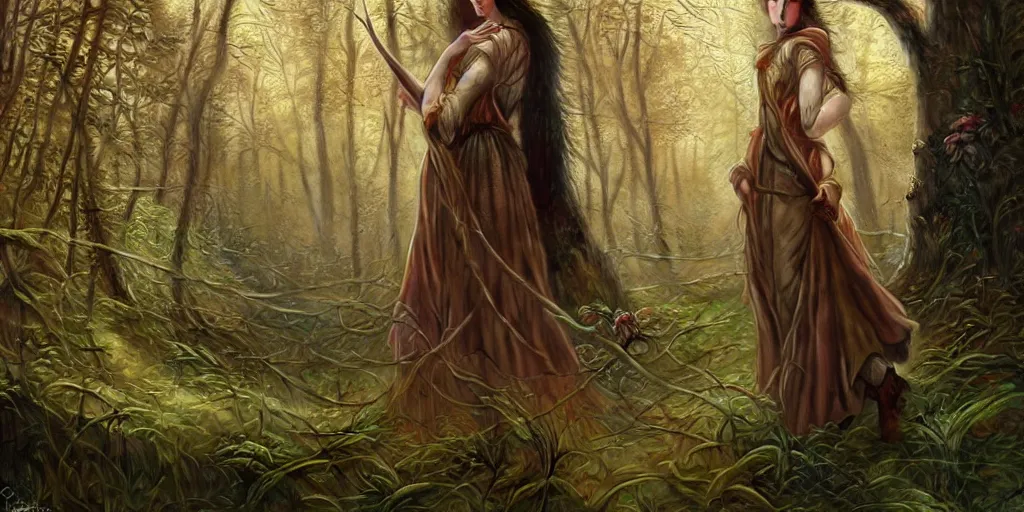 Prompt: masterpiece beautiful slavic girl in the woods, composition by anastasiya dobrovolskaya, donato giancola, karol bak, tom bagshaw, face by artgerm and edmund leighton, background by james jean and noah bradley, majestic, volumetric lighting, porcelain skin, photorealistic, intricate, trending on artstation 8 k