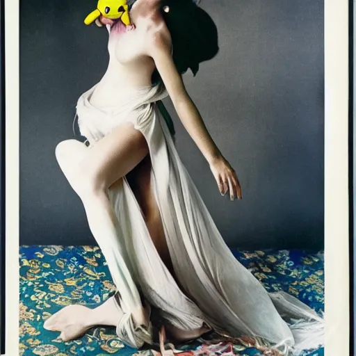 Image similar to elegant woman dressed up as pikachu, art photo by Annie Liebovitz and Alphonse Mucha