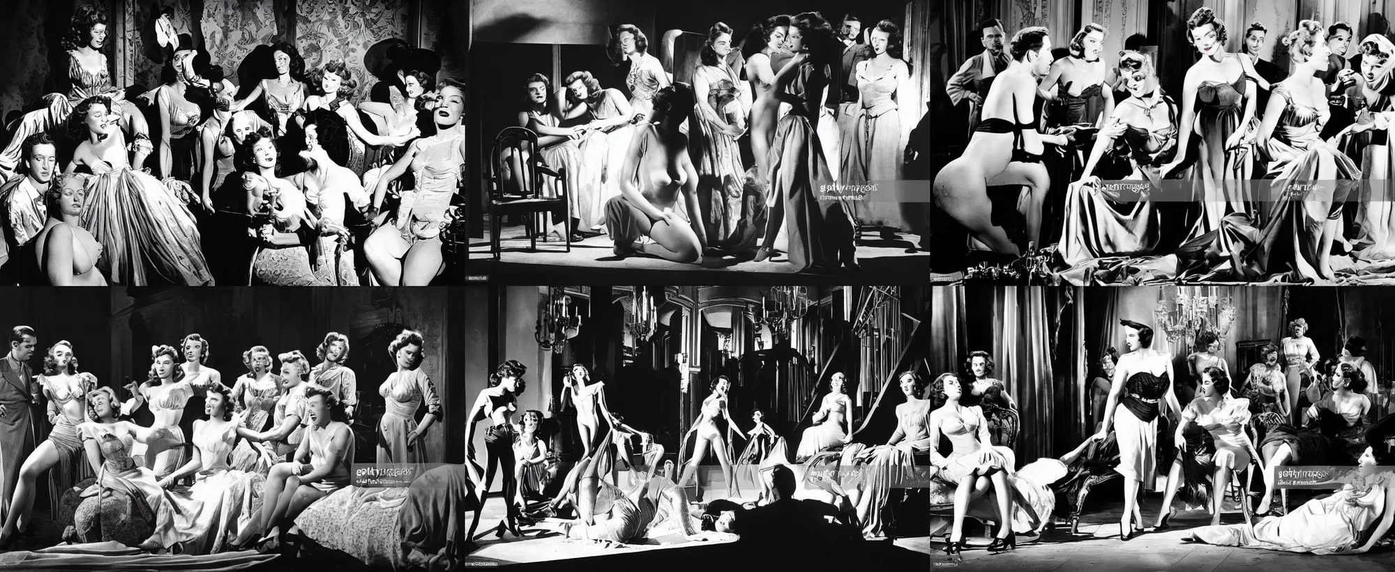 Prompt: scene from felicia ( 1 9 4 8 ) featuring rita hayworth, ava gardner and a large ensemble cast in the style of engravings for a novel of marquis de sade. black and white, studio lighting, award winning photography, contrasted