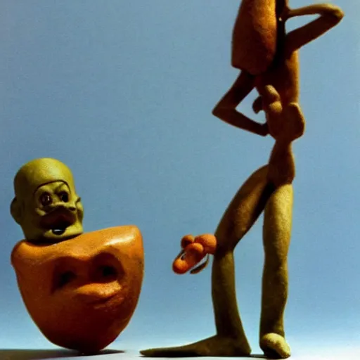 Prompt: a claymation film still of anthropomorphe statuette / bresil / collection / jeu et jouet / claymation by bruce bickford / 6 0 s