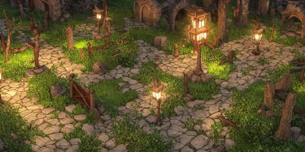 Prompt: medieval gardens at night, dead trees, bushes, thorns, stone pathways, stairs, ponds, gazebos, bridges, 3d model, miniature, iso, isometric view, gas lighting, stone and wood, dead tree, digital art, riot games, blizzard entertainment