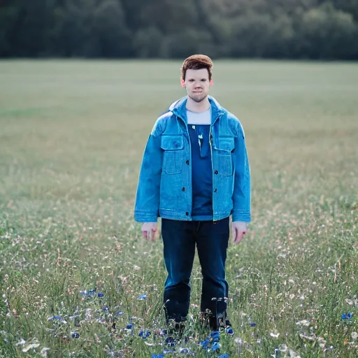 Image similar to destiny ( steven bonnell ii ) in a blue jacket walking in a field, 5 0 mm sigma lens, sony a 7 siii