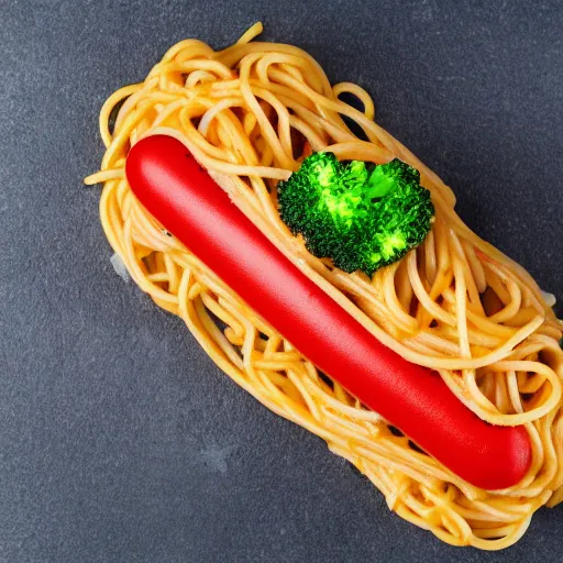 Prompt: photo shoot portrait of a delicious spaghetti hot dog with broccoli and mustard and ketchup, detailed, uhd, 8k,