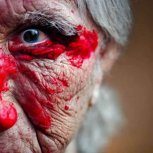 Prompt: Elderly woman with black eyes covered in red paint