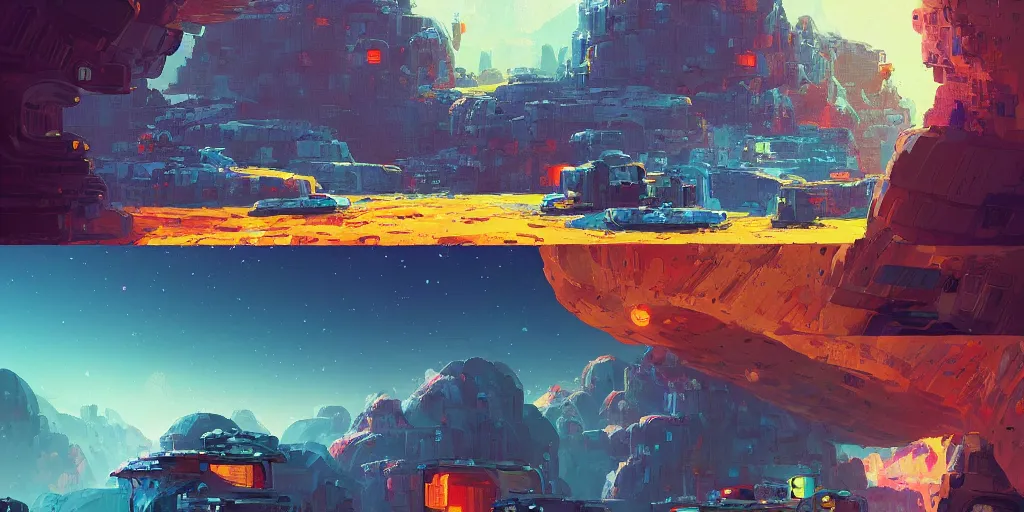 Image similar to a small asteroid mining village nestled in a space cave by alena aenami, petros afshar, colin campbell cooper speedart