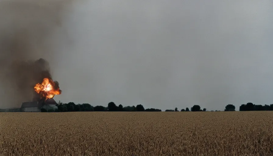 Prompt: 1 9 7 0 s movie still of a heavy burning french house in a wheat field, cinestill 8 0 0 t 3 5 mm, high quality, heavy grain, high detail, texture, dramatic light, ultra wide lens, panoramic anamorphic, hyperrealistic