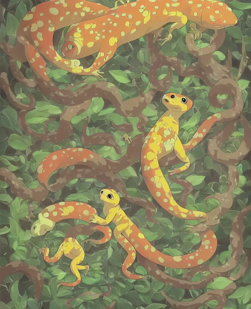 Image similar to beautiful painting from the anime film by studio ghibli, multi colored geckos, drooling, fur, trending on artstation, by MC Escher