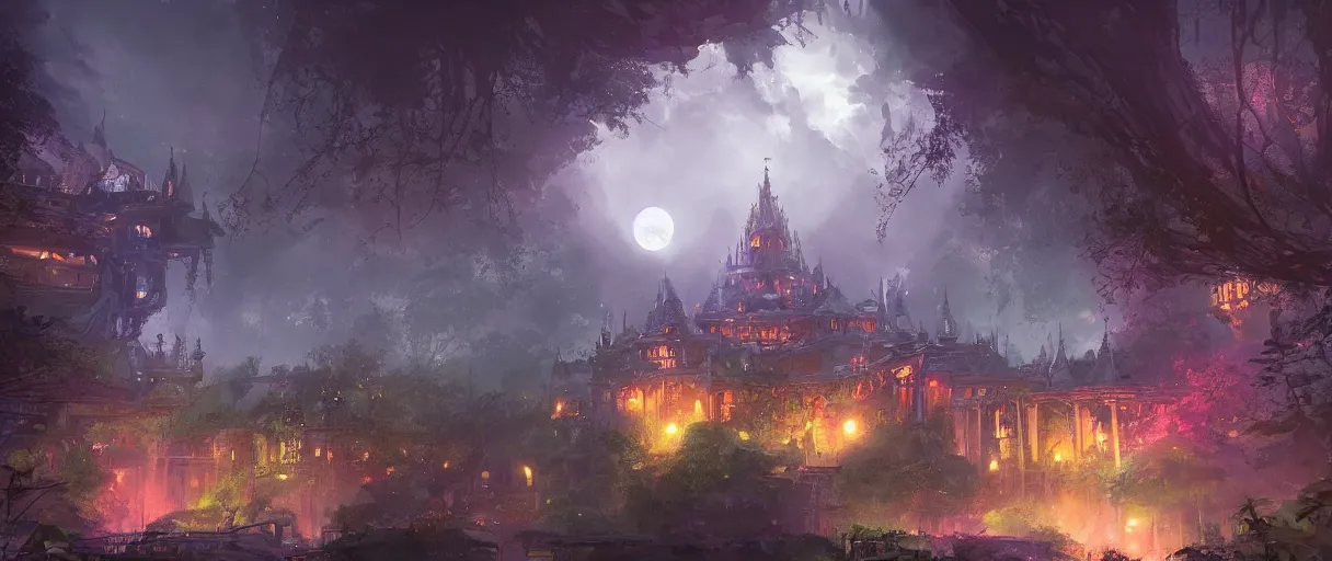 Image similar to huge academic castle city in the forest behind a garden, concept art, digital painting, style of jordan grimmer, warm lighting, futuristic, volumetric lighting, view from below, vivid colours, bright, nighttime, moon rays , high detail