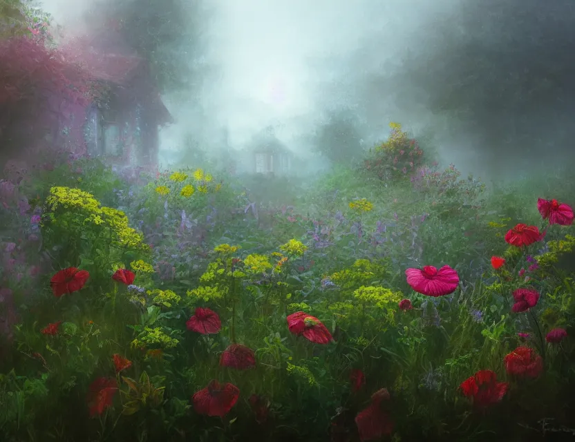 Prompt: amorphous, gooey life form spreading over a cottage garden in a beautiful foggy morning. oil painting, indie concept art, bloom, chiaroscuro, backlighting, intricate details, depth of field.