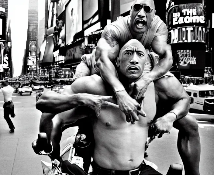 Image similar to Dwayne the Rock Johnson riding on the back of Adam Sandler, doing Methamphetamine at Times Square, photograph by Alfred Eisenstaedt, 4K, dramatic lighting; 4K 8K