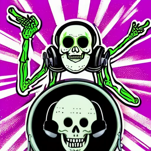 Image similar to svg sticker of a Dancing-Zombie-Skeleton, at a rave, spinning records, giant headphones rocking out, wearing headphones, huge speakers, dancing, rave, DJ, spinning records, digital art, amazing composition, rule-of-thirds, award-winning, trending on artstation, featured on deviantart