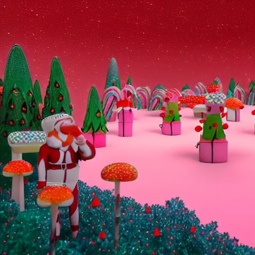 Image similar to cinematic Candy land forest during christmas time with anthropomorphic ginger bread people and candy people, rivers made out of chocolate milk, the sky is pink, 3d render, Trending on artstation