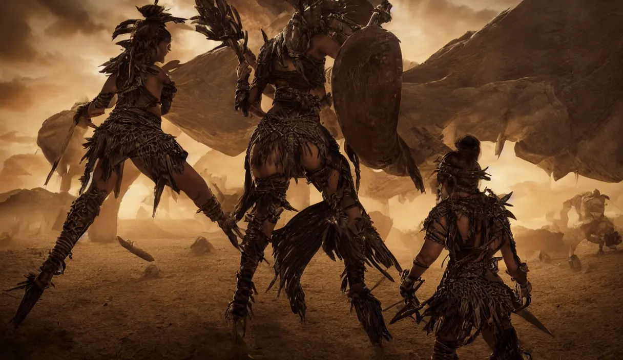 Prompt: long distance photo of ancient tribewoman standing against barbarians, in armor from monster hunter, attacking barbarian horde in the background, back shot, muscular bodies, dramatic lighting, cinematic, establishing shot, extremely high detail, photorealistic, 300 the movie,monster hunter the movie, dune the movie, cinematic lighting, artstation, octane render, western,old photo, vintage