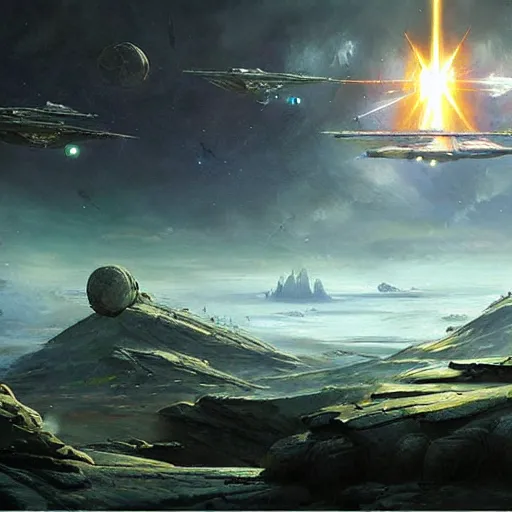 Prompt: star wars battle space casper david friedrich raphael lacoste vladimir kush leis royo volumetric light effect broad light oil painting painting fantasy art style sci - fi art style realism artwork unreal engine