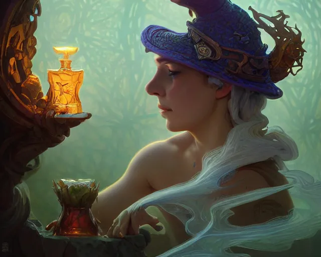 Image similar to a magic potion that changes the consumer into a toad, deep focus, d & d, fantasy, intricate, elegant, highly detailed, digital painting, artstation, concept art, matte, sharp focus, illustration, hearthstone, art by artgerm and greg rutkowski and alphonse mucha