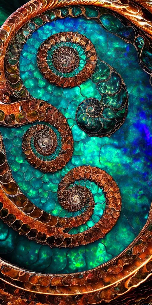 Image similar to cinematic landscape, art nouveau cresting oil slick waves, ammonite, bubbles in a shiny iridescent oil slick wave, black opals, ornate copper patina art nouveau spiral ornament, rococo, organic rippling spirals, hyperdetailed photorealistic ultrasharp octane render