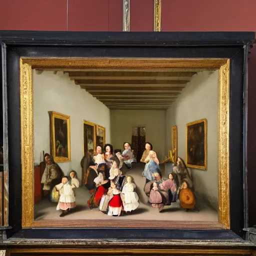 Image similar to super quality family portrait of the castles garden painted in 1 6 5 6, dark room, one point of light coming through the window inspired by las meninas, clear spaces between each subject and good detail and realistic eyes, faces for each person in the canva, inspired by diego velasquez baroque style