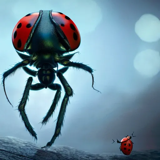 Prompt: high detail ladybug as a monster, fantasy art style, 4 k scary atmosphere, nightmare - like dream raytracing