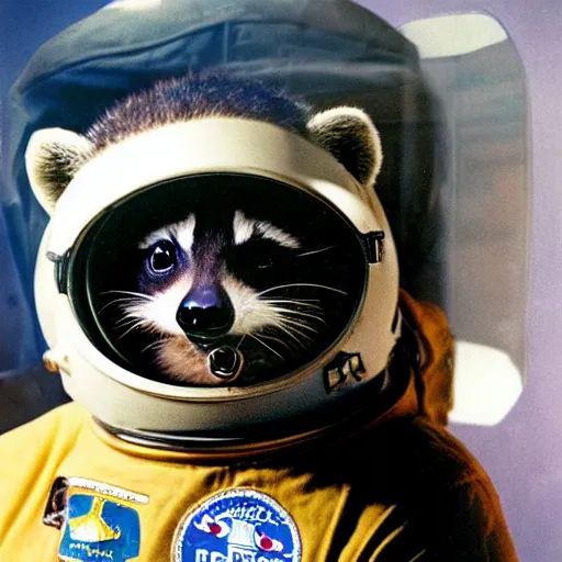 Image similar to realistic photo by annie liebovitz of a raccoon dressed as an astronaut wearing a space helmet