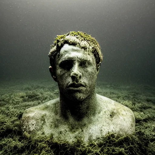 Image similar to Award-winning photograph by Mar Mann. The photo depicts a decaying roman bust of Christiano Ronaldo overgrown with moss at the bottom of the sea in the middle of ruins of civilization. Minimalism, high definition, perfect composition. Deep sea picture. Very dark. Volumetric Lighting. Fish. Darkness. Ruins