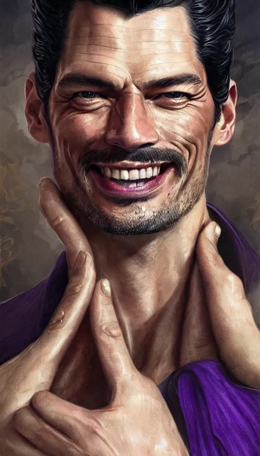 Prompt: david gandy, charming, rich viscount, laughing, fit, cunning, robe, gold and purple, warhammer, lord of the rings, sweaty, intricate, highly detailed, digital painting, artstation, concept art, smooth, sharp focus, illustration, unreal engine 5, 8 k, art by artgerm and greg rutkowski and alphonse mucha