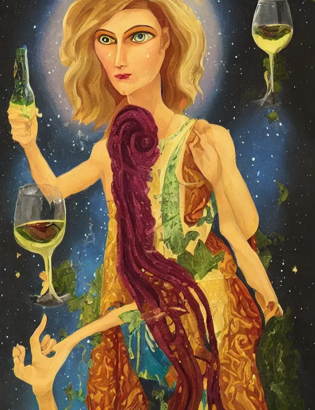 Prompt: androgynous deity of starlight and wine. this oil painting by the beloved children's book illustrator has interesting color contrasts, plenty of details and impeccable lighting.