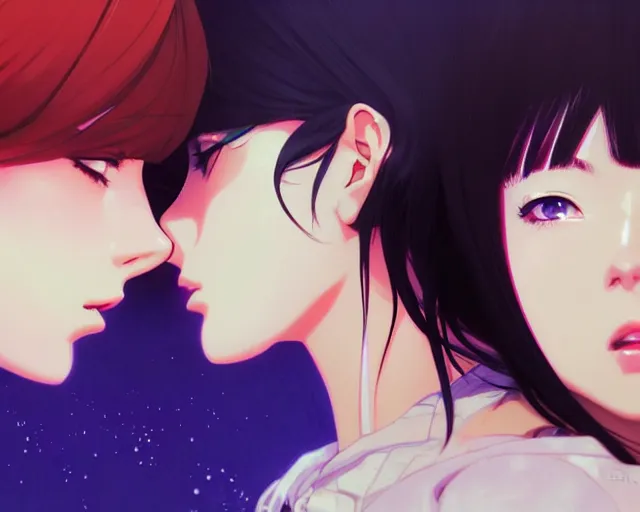 Image similar to two girls kissing | very very anime!!!, fine - face, audrey plaza, realistic shaded perfect face, fine details. anime. realistic shaded lighting poster by ilya kuvshinov katsuhiro otomo ghost - in - the - shell, magali villeneuve, artgerm, jeremy lipkin and michael garmash and rob rey