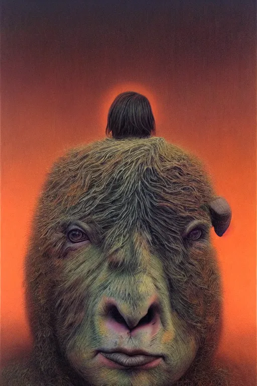 Image similar to painting of hybrid between human andy milonakis and a goat, by zdzislaw beksinski, by tiffany bozic, cold hue's, warm tone gradient background, concept art, beautiful composition, digital painting